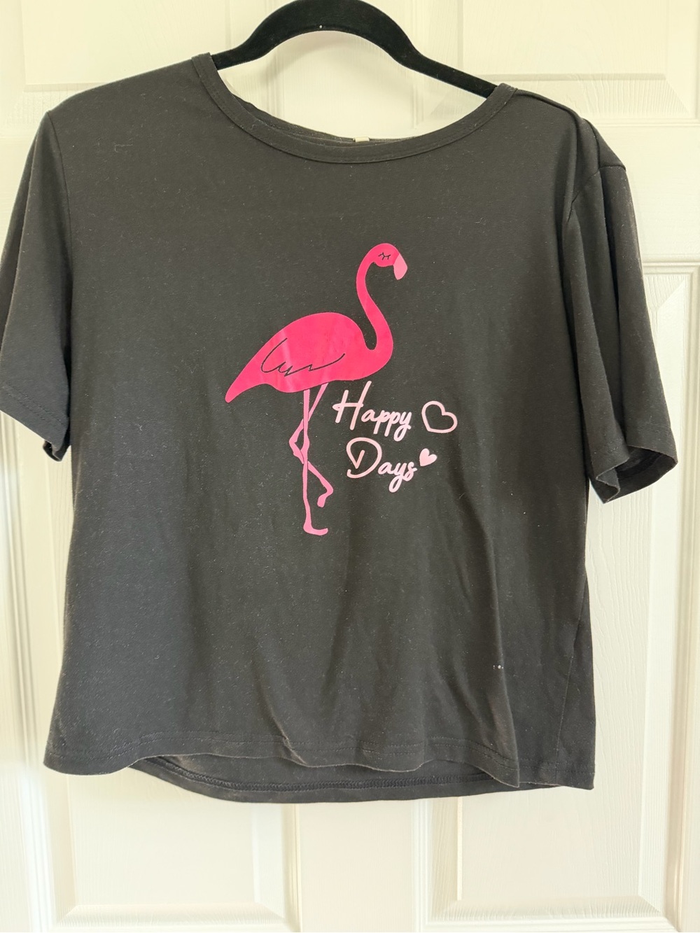 Womens Black T‑Shirt with Pink Flamingo Graphic - Happy Days